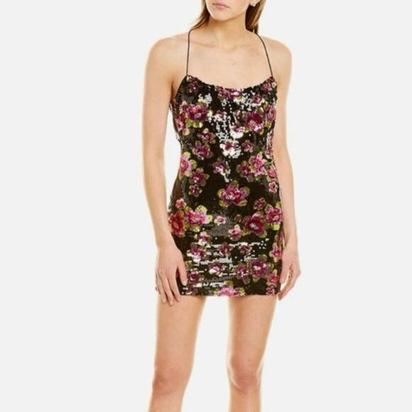 For Love & Lemons NWT Black Pink Sequin San Junipero Floral Mini Dress Medium - Picture 5 of 15